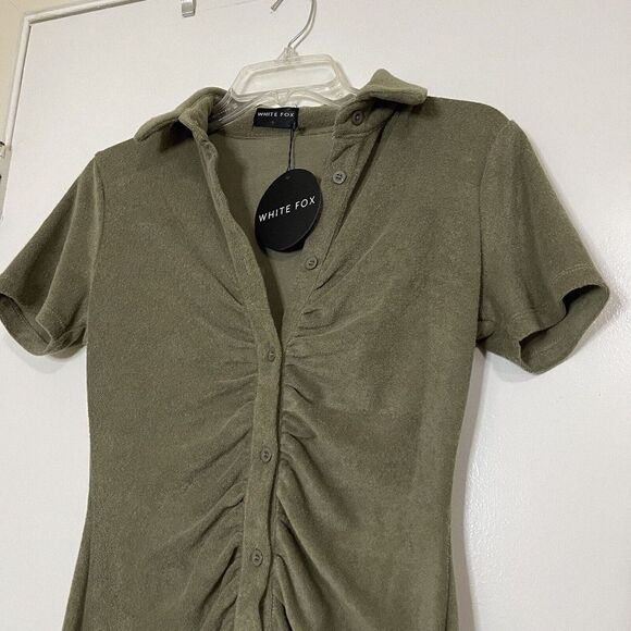 NWT WHITE FOX island escape mini khaki green button front cinch dress size small - Picture 3 of 6